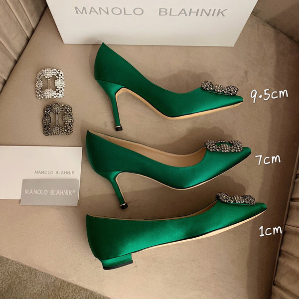 Hangisi Green Satin Crystal Embellished Pumps 700532