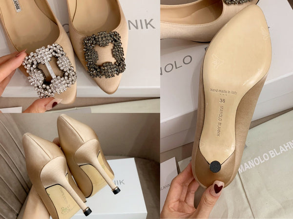 Hangisi Beige Satin Crystal Embellished Pumps 700534