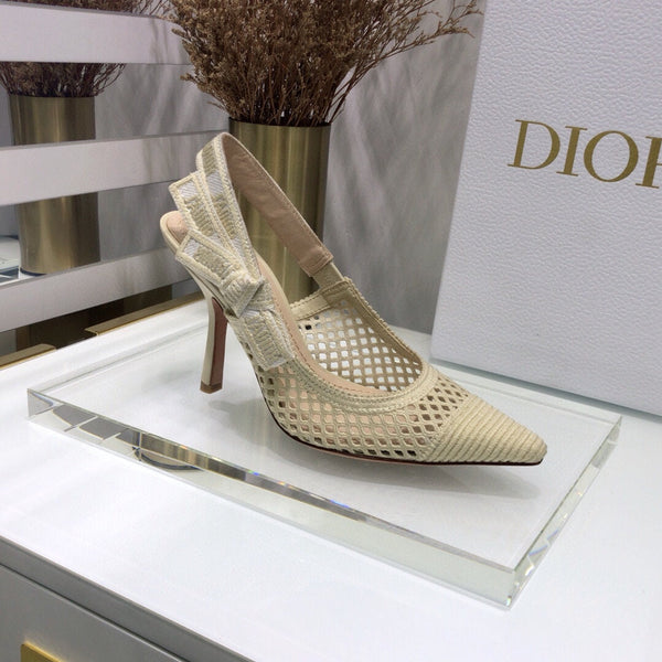 Décolleté JAdior con cinturino posteriore 95 in rete trasparente beige in cotone ricamato