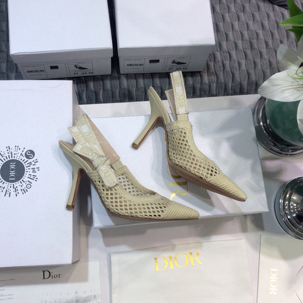 Décolleté JAdior con cinturino posteriore 95 in rete trasparente beige in cotone ricamato