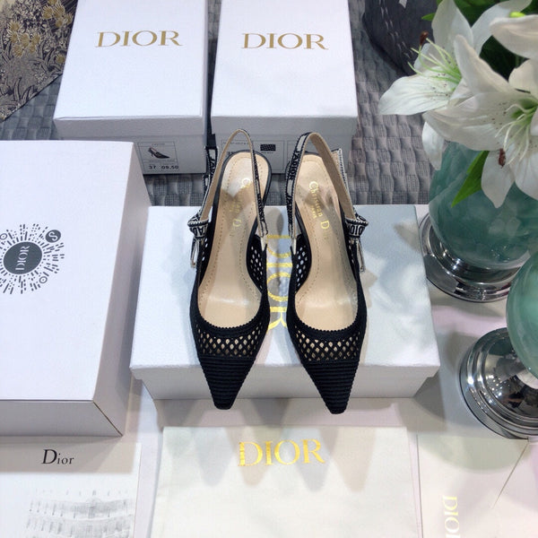 Décolleté JAdior slingback 65 in rete trasparente nera in cotone ricamato