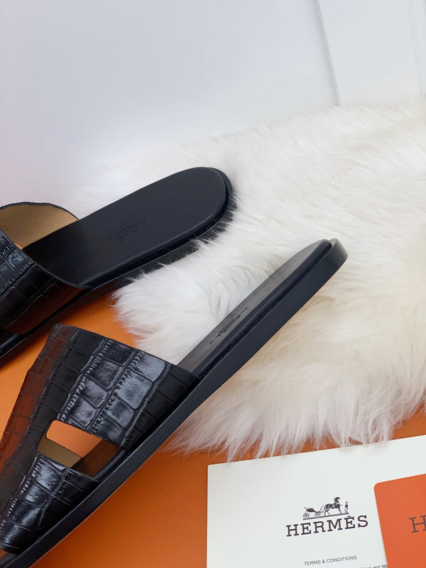 HM IZMIR SANDAL BLACK CROCODILE EMBOSSED CALFSKIN