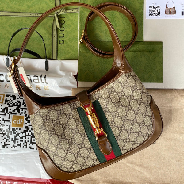 gg jackie small 28cm beige monogram canvas brown calfskin