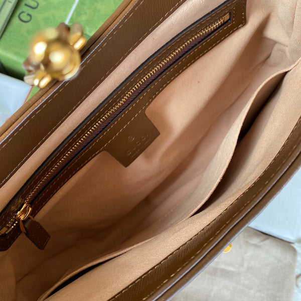 gg jackie small 28cm beige monogram canvas brown calfskin