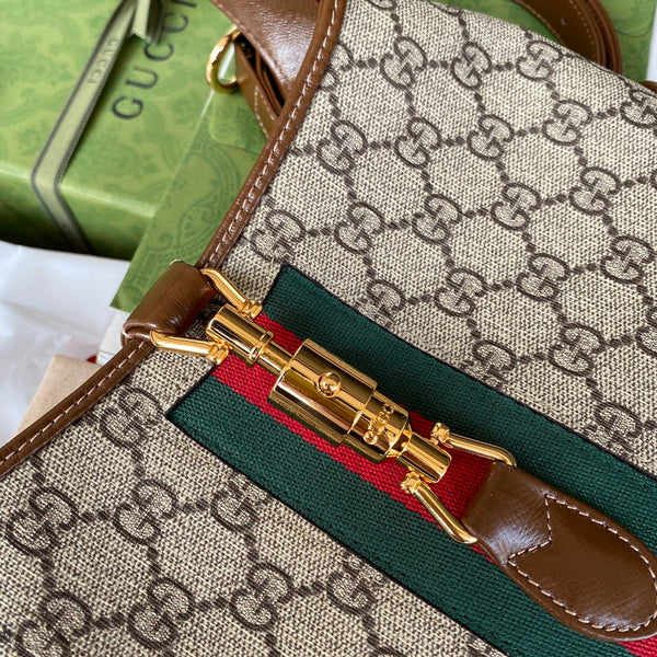 gg jackie small 28cm beige monogram canvas brown calfskin