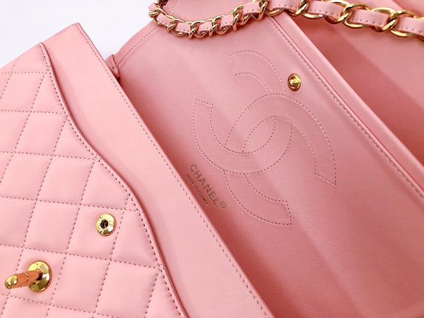 borsa a patta jumbo 30 in pelle di agnello rosa pastello, hardware dorato