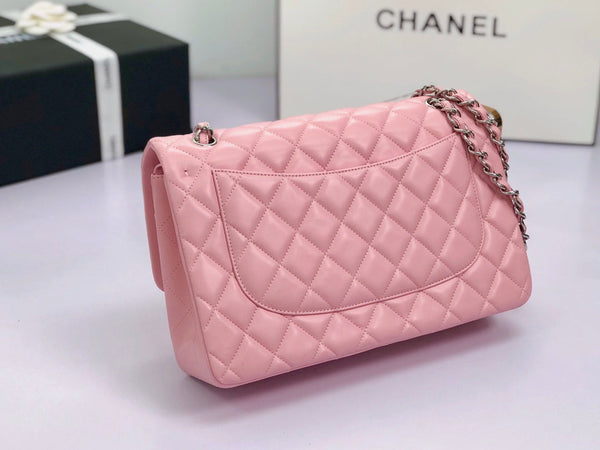 borsa a patta jumbo 30 in pelle di agnello rosa pastello, hardware argento