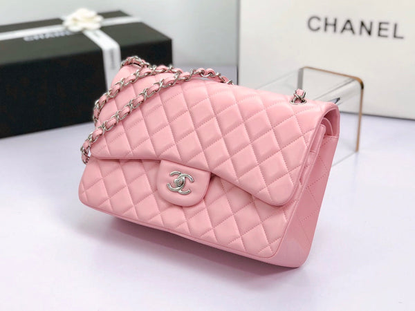 borsa a patta jumbo 30 in pelle di agnello rosa pastello, hardware argento