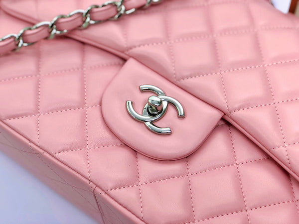 borsa a patta jumbo 30 in pelle di agnello rosa pastello, hardware argento