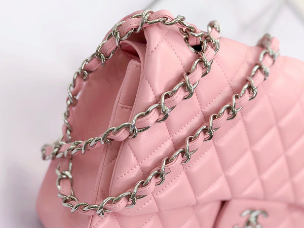 borsa a patta jumbo 30 in pelle di agnello rosa pastello, hardware argento