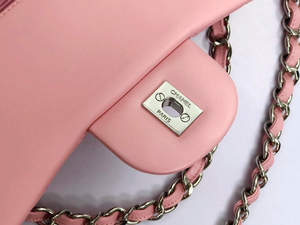 borsa a patta jumbo 30 in pelle di agnello rosa pastello, hardware argento