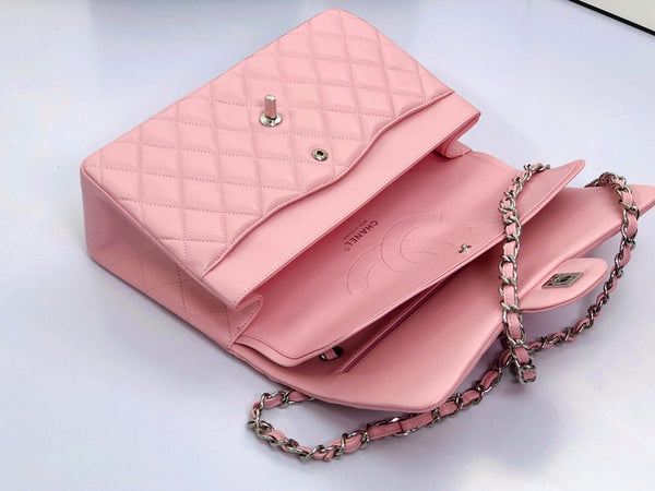 borsa a patta jumbo 30 in pelle di agnello rosa pastello, hardware argento