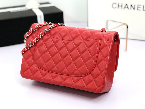 borsa a patta jumbo 30 in pelle di agnello rossa con finiture in argento