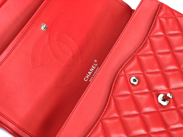 borsa a patta jumbo 30 in pelle di agnello rossa con finiture in argento