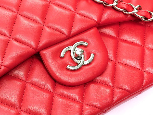 borsa a patta jumbo 30 in pelle di agnello rossa con finiture in argento