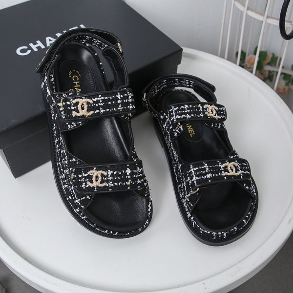 CC 25S Sandalo da papà in tweed bianco e nero in pelle di vitello