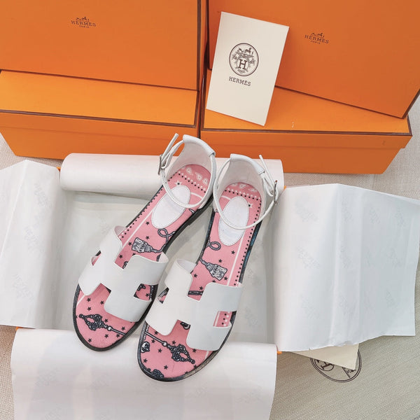 HM Flat Sandals White Pink Cowhide 348049