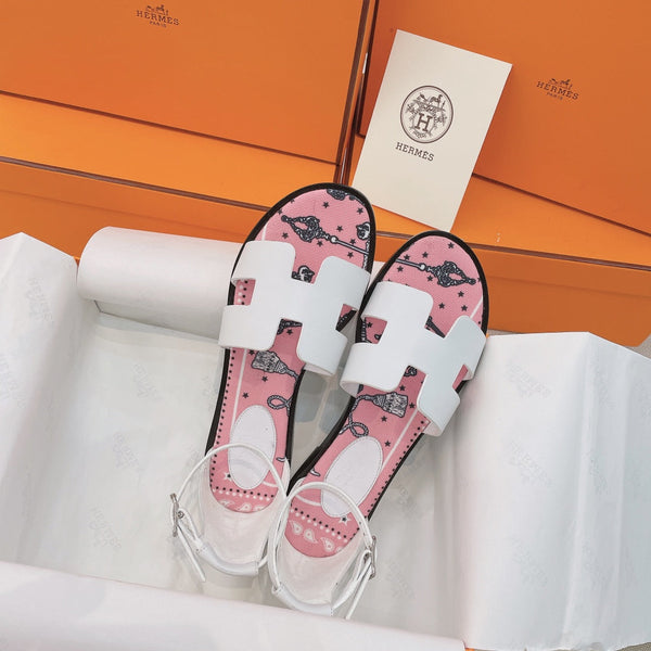 HM Flat Sandals White Pink Cowhide 348049