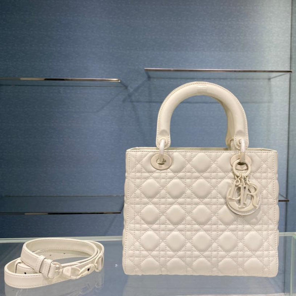 medium lady 24 matte white calfskin matte white hardware