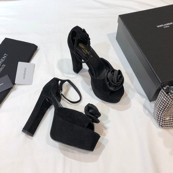 SANDALO CON PLATEAU SL IVY FLORAL 135 IN CAMOSCIO NERO