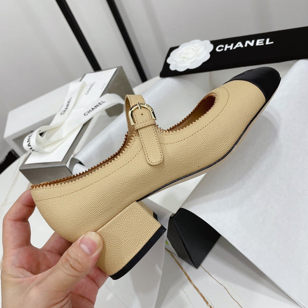 CC MARY JANE BLOCK HEEL BEIGE CREAM SHEEPSKIN