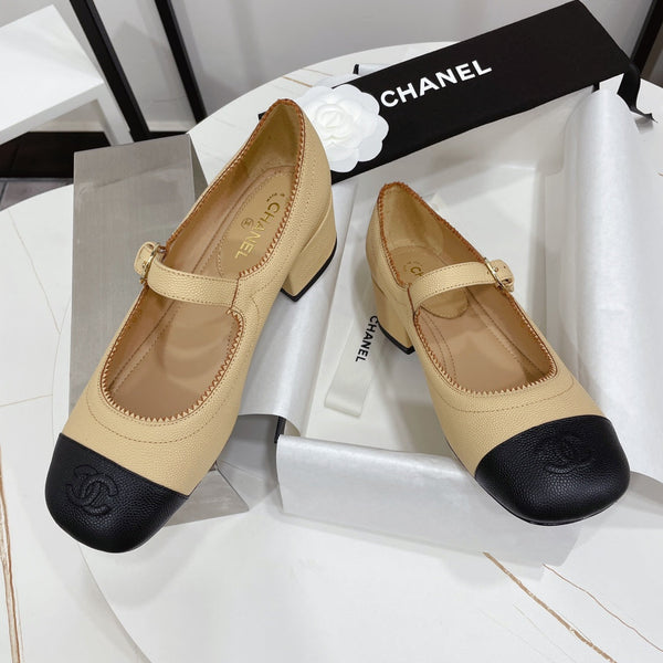 CC MARY JANE BLOCK HEEL BEIGE CREAM SHEEPSKIN