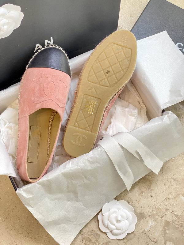 espadrillas in pelle scamosciata rosa e agnello nero