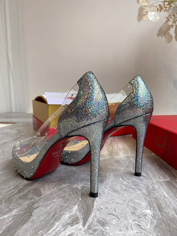 CL Very Strass Peep Toe Pumps 120mm PVC and Glitter Silver