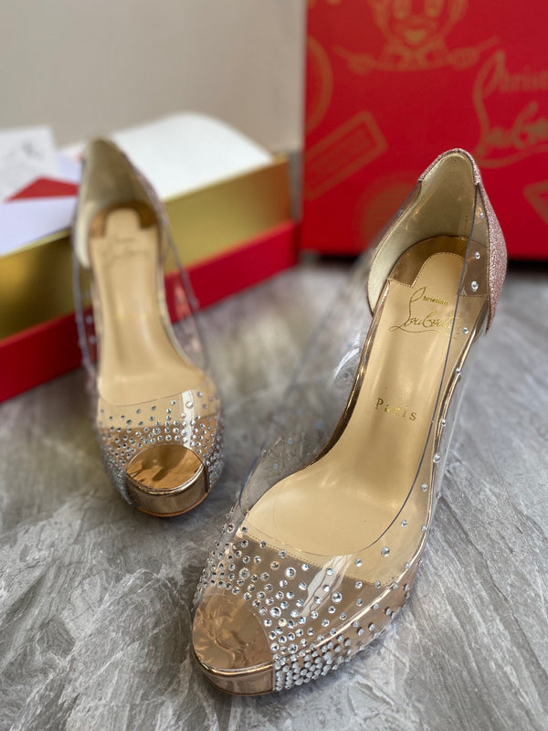 CL Very Strass Peep Toe Pumps 120mm PVC and Glitter Silver