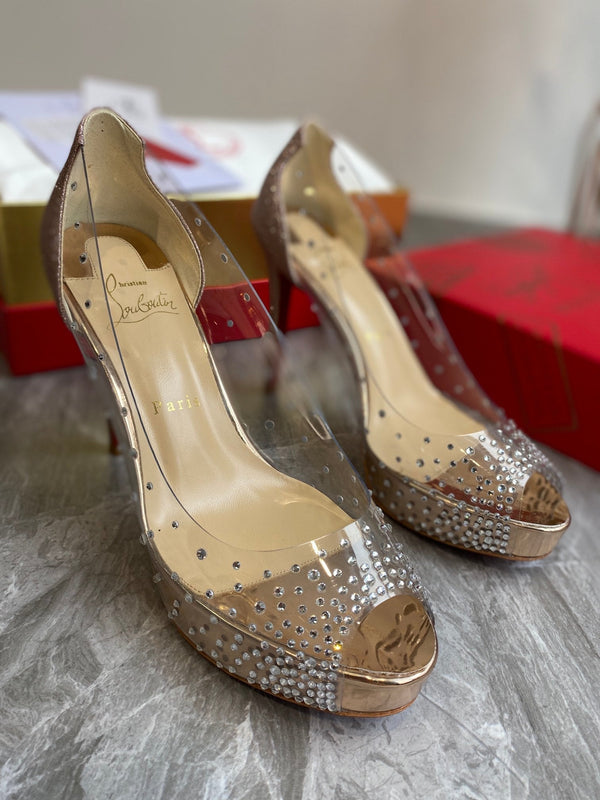 CL Very Strass Peep Toe Pumps 120mm PVC and Glitter Gold