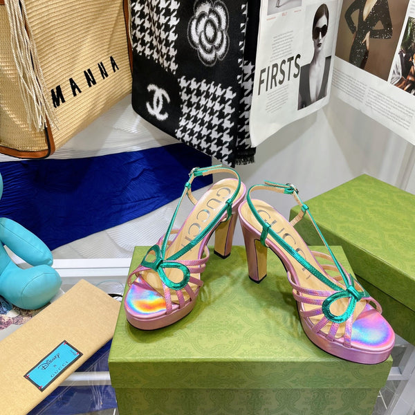 SANDALO CON TACCO ALTO GG IN PELLE DI AGNELLO ROSA SCURO E VERDE GIADA