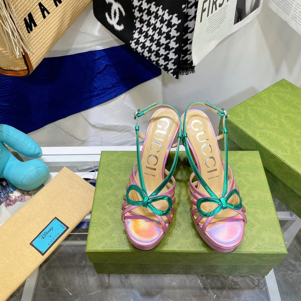 GG HIGH HEEL SANDAL HOT PINK AND JADE GREEN LAMBSKIN