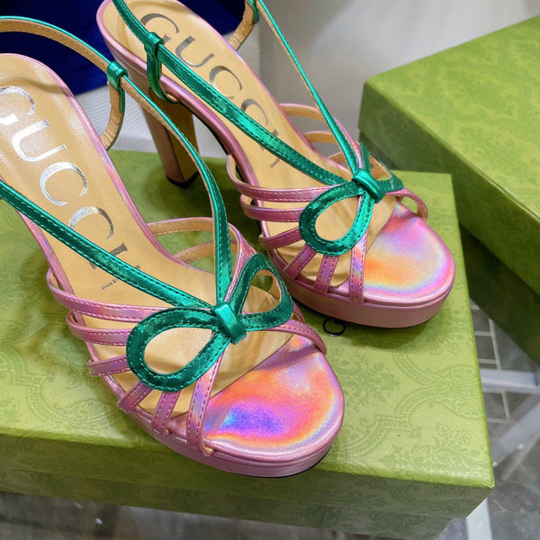 SANDALO CON TACCO ALTO GG IN PELLE DI AGNELLO ROSA SCURO E VERDE GIADA