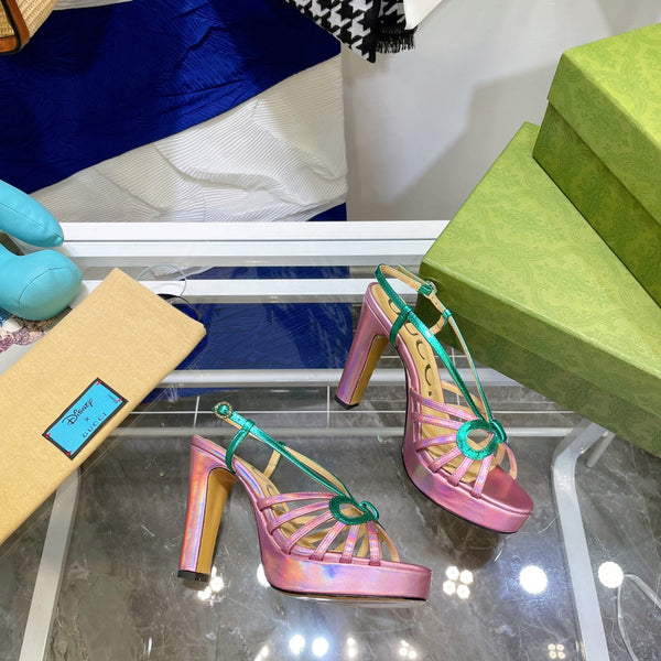 SANDALO CON TACCO ALTO GG IN PELLE DI AGNELLO ROSA SCURO E VERDE GIADA