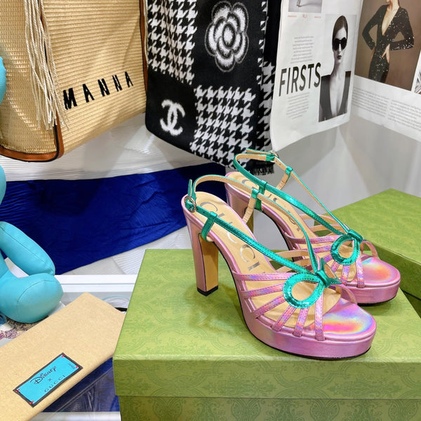 SANDALO CON TACCO ALTO GG IN PELLE DI AGNELLO ROSA SCURO E VERDE GIADA