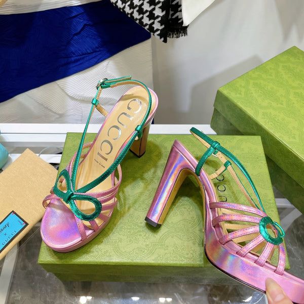 SANDALO CON TACCO ALTO GG IN PELLE DI AGNELLO ROSA SCURO E VERDE GIADA