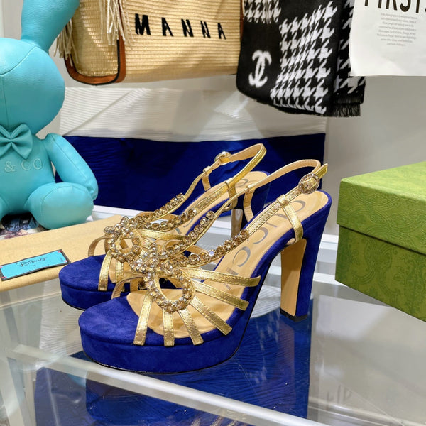 SANDALO CON TACCO ALTO GG CRYSTAL IN PELLE DI AGNELLO AZZURRA