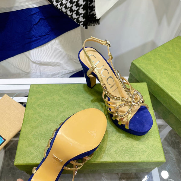 SANDALO CON TACCO ALTO GG CRYSTAL IN PELLE DI AGNELLO AZZURRA