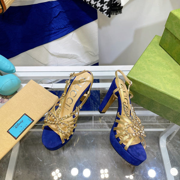 SANDALO CON TACCO ALTO GG CRYSTAL IN PELLE DI AGNELLO AZZURRA