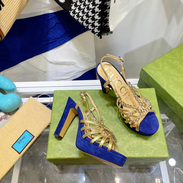 SANDALO CON TACCO ALTO GG CRYSTAL IN PELLE DI AGNELLO AZZURRA