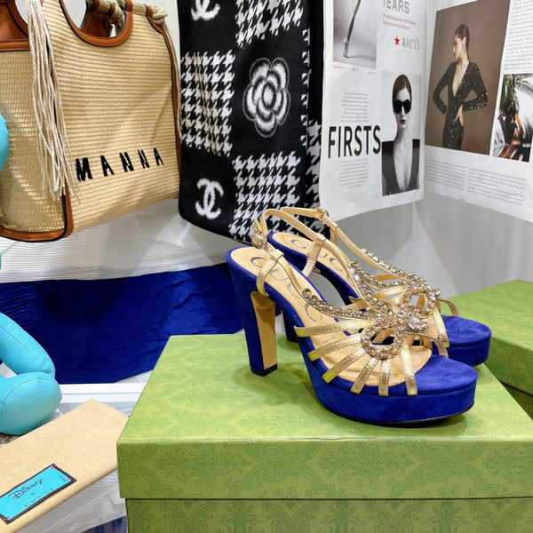 SANDALO CON TACCO ALTO GG CRYSTAL IN PELLE DI AGNELLO AZZURRA