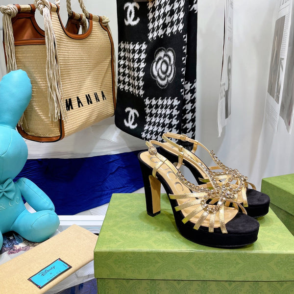 SANDALO CON TACCO ALTO GG CRYSTAL IN PELLE DI AGNELLO NERA