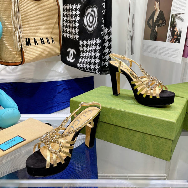 SANDALO CON TACCO ALTO GG CRYSTAL IN PELLE DI AGNELLO NERA