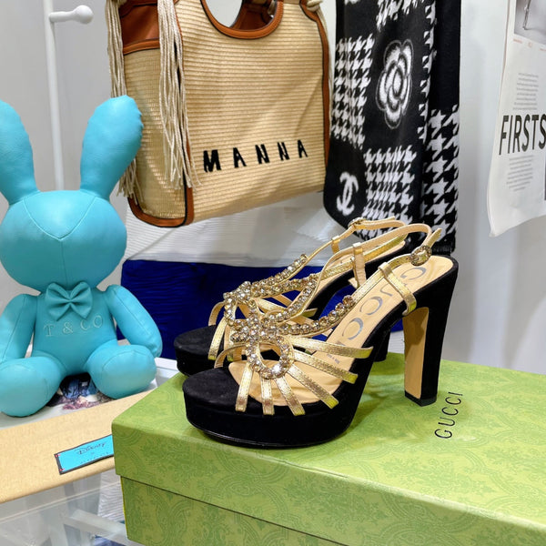 SANDALO CON TACCO ALTO GG CRYSTAL IN PELLE DI AGNELLO NERA