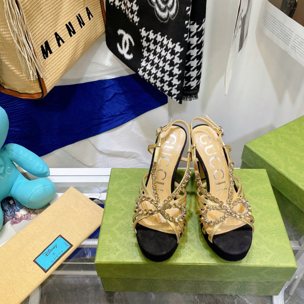 SANDALO CON TACCO ALTO GG CRYSTAL IN PELLE DI AGNELLO NERA