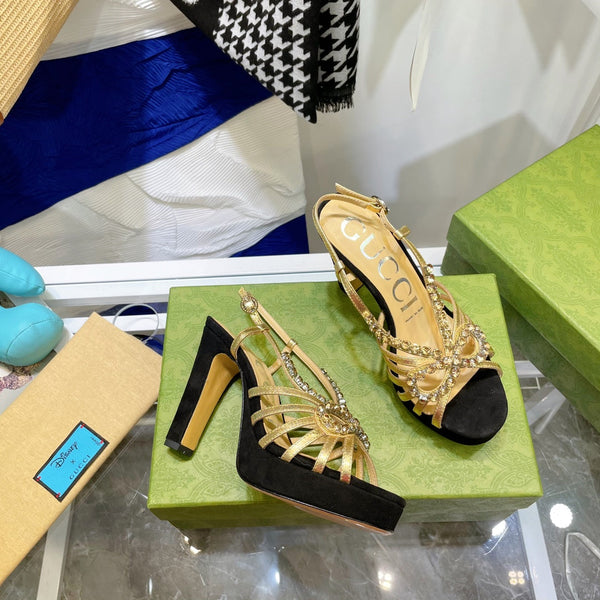 SANDALO CON TACCO ALTO GG CRYSTAL IN PELLE DI AGNELLO NERA