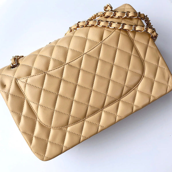 borsa a patta jumbo 30 in pelle di agnello beige chiaro, hardware dorato