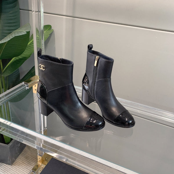 CC Block Heel Ankle Boots 60mm Black Patent Leather Sheeepskin 464554