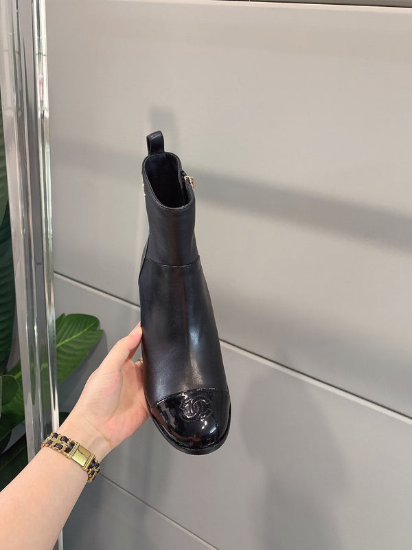 CC Block Heel Ankle Boots 60mm Black Patent Leather Sheeepskin 464554