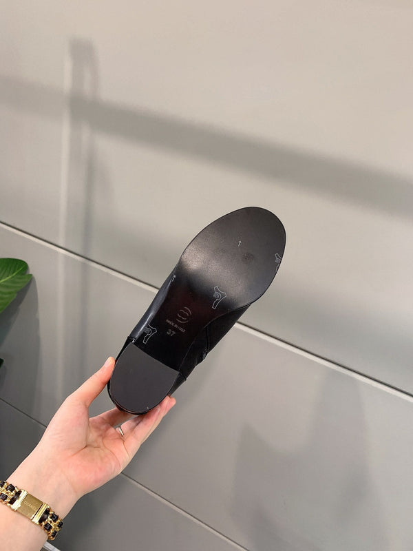 CC Block Heel Ankle Boots 60mm Black Patent Leather Sheeepskin 464554